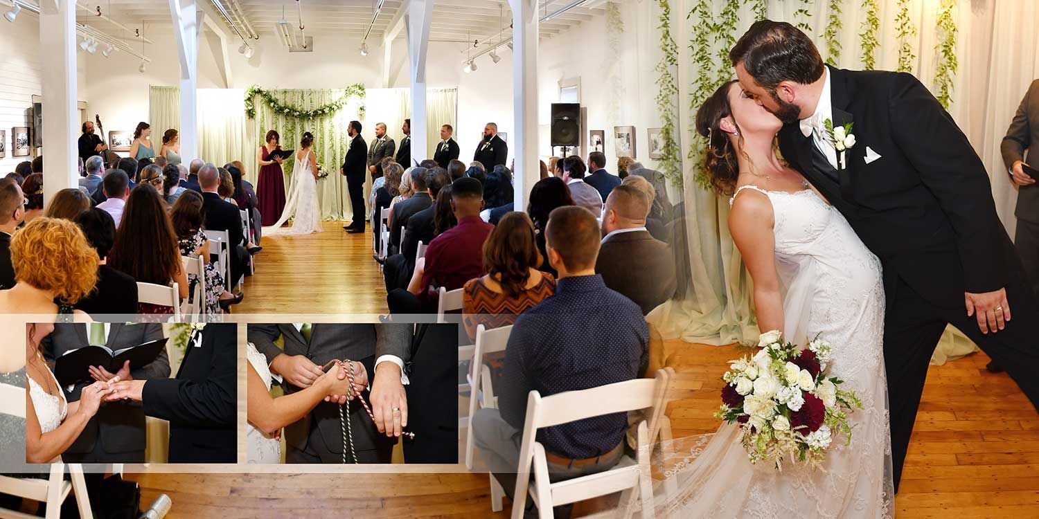 Wedding ceremony collage with bride and groom exchanging vows and kissing in a decorated hall