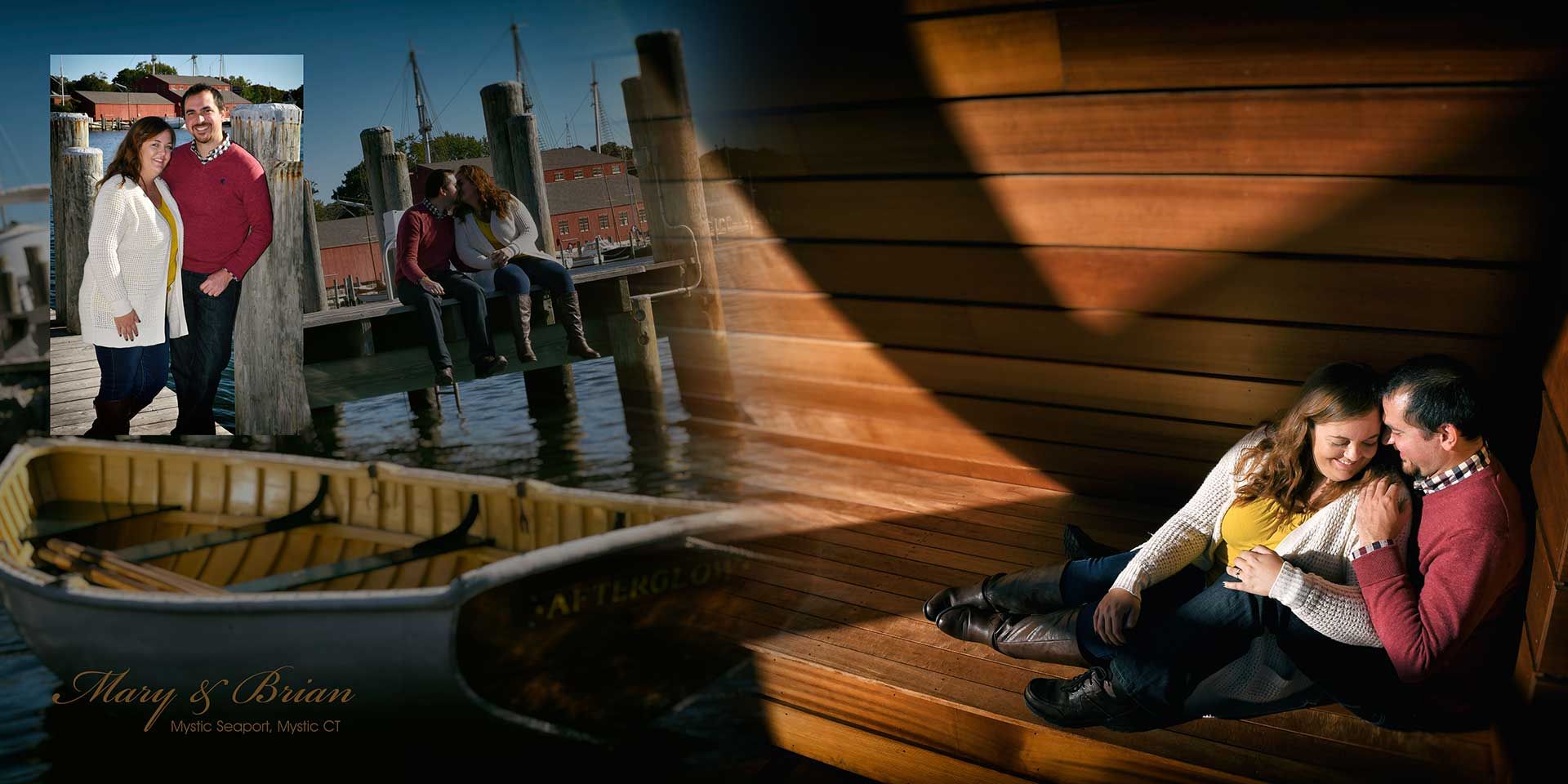 Two people sitting on a dark couch beside a wooden dock, with a small inset of people standing on the pier for engagement photos .