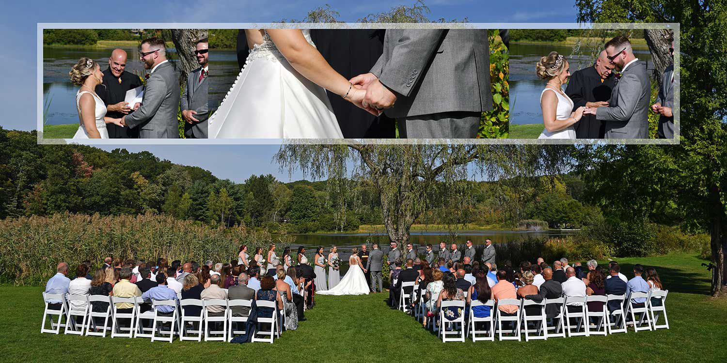 Outdoor wedding ceremony with bride and groom standing before seated guests on a lawn, plus close-up inset