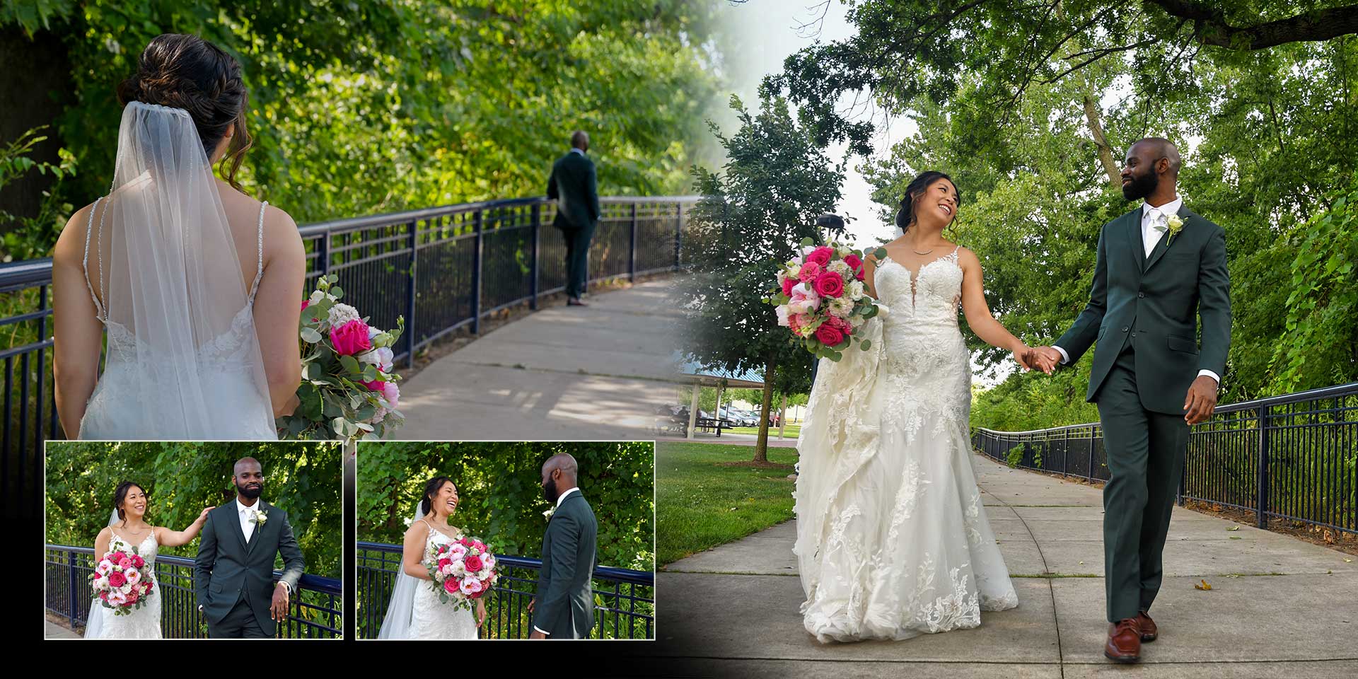 Bride and groom in wedding attire walking together on a tree-lined path, with inset photos of the ceremony