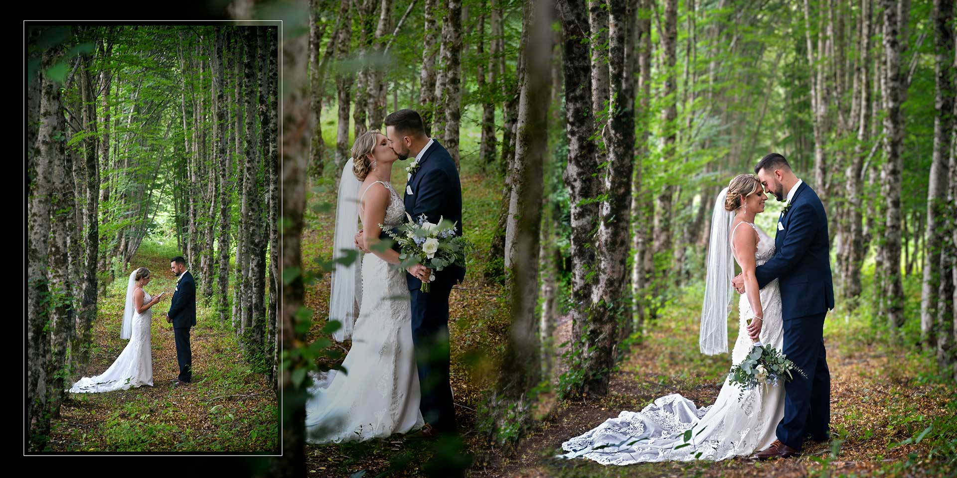 Bride and groom kissing in a forest clearing beside a white wedding dress train for wedding album page.
