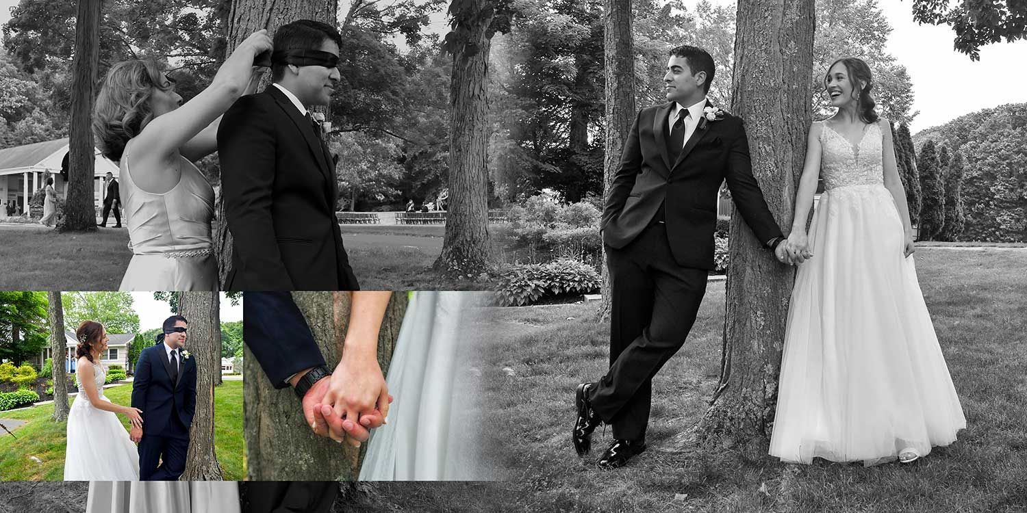 Wedding couple posing outdoors in formal attire, with close-up of hands holding flowers and rings.