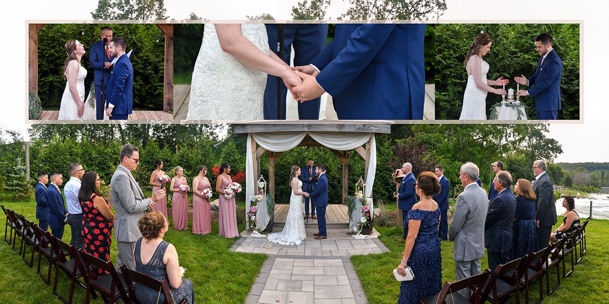 Wedding ceremony in a garden, couple exchanging vows as guests stand around them under a gazebo.