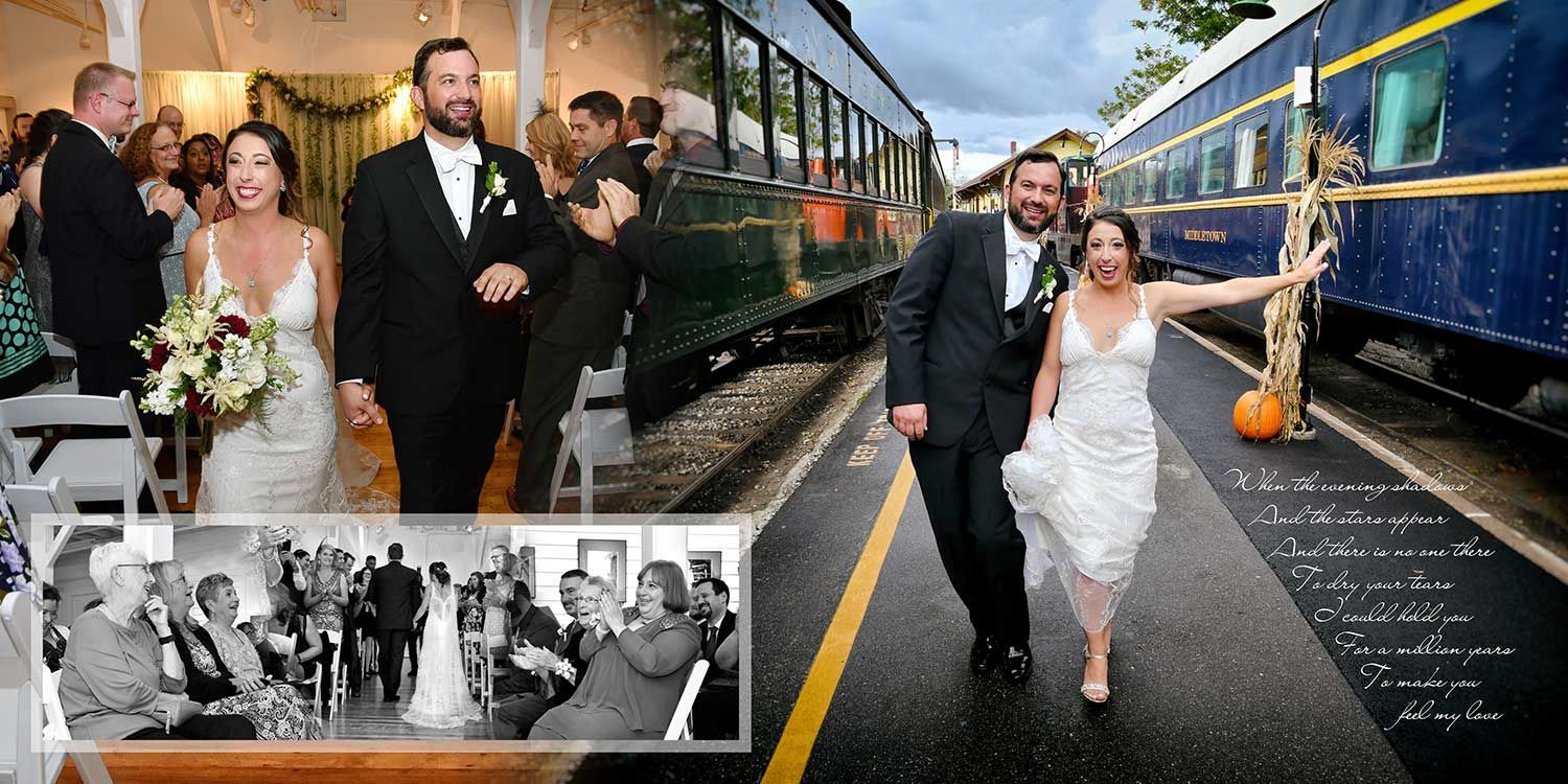 Bride and groom walking between trains in a rail yard, with wedding party behind them