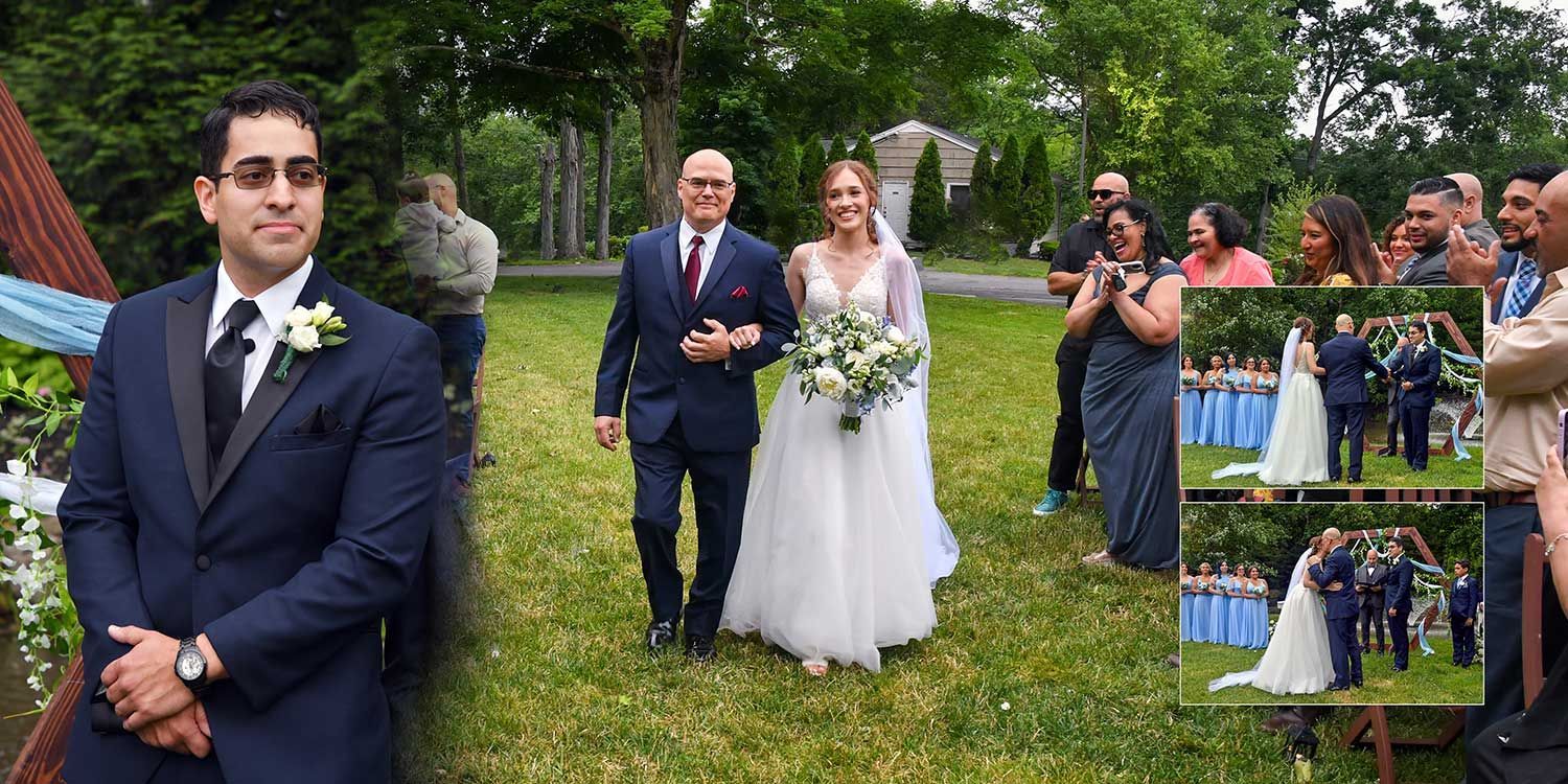Bride walking down a grassy aisle with groom and guests at an outdoor wedding ceremony