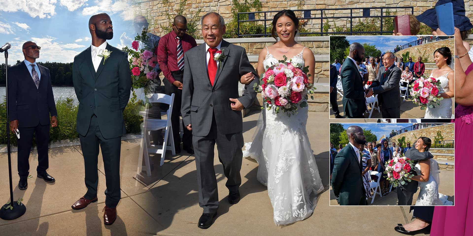 Wedding party walking outdoors, with bride holding bouquet beside groom in a dark suit.