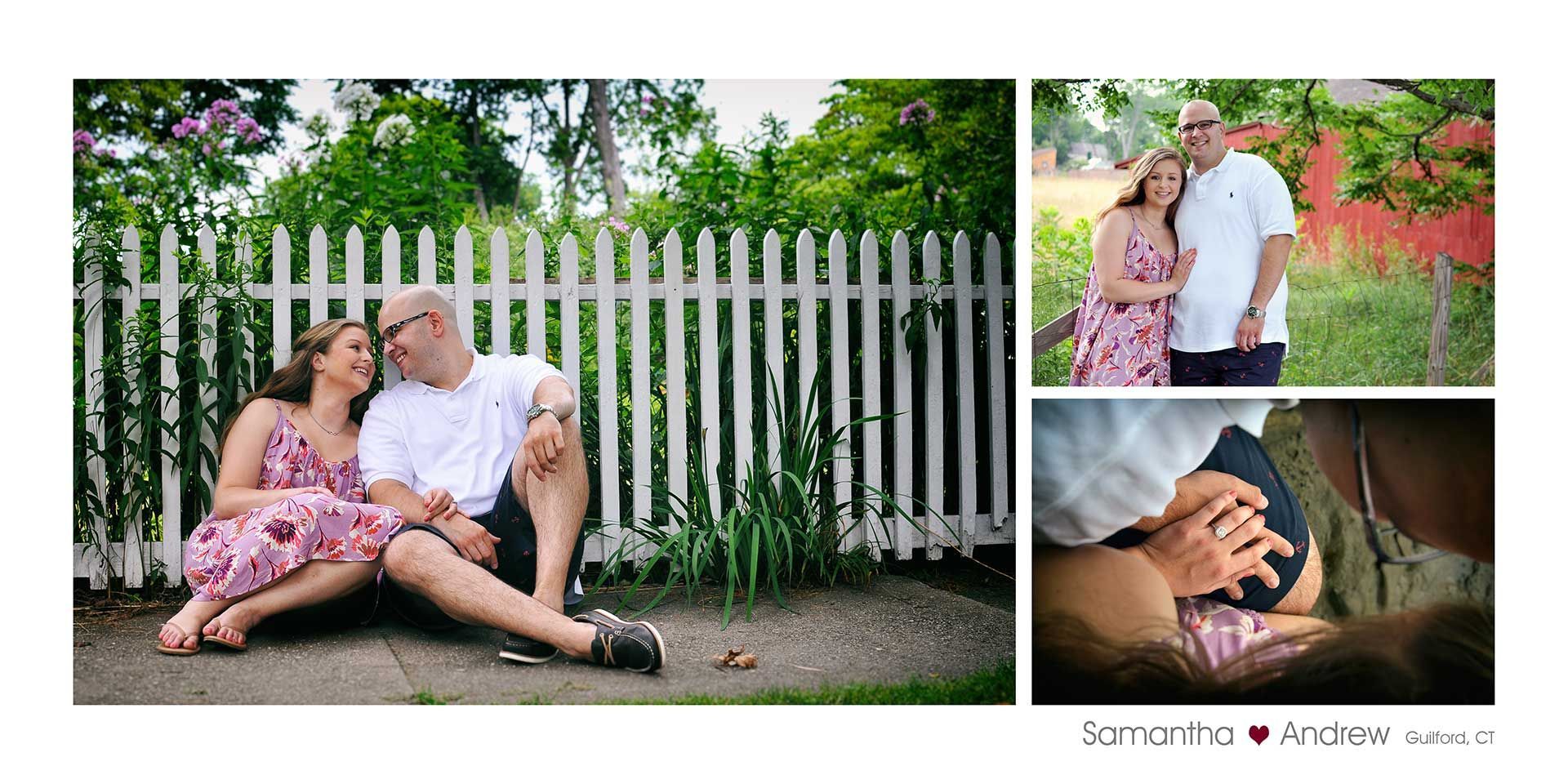 Engaged Couple with a dog relaxing beside a white picket fence, with two smaller inset photos on the right