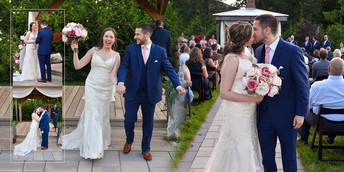 Bride and groom walking outdoors after a wedding, holding a bouquet, with guests nearby