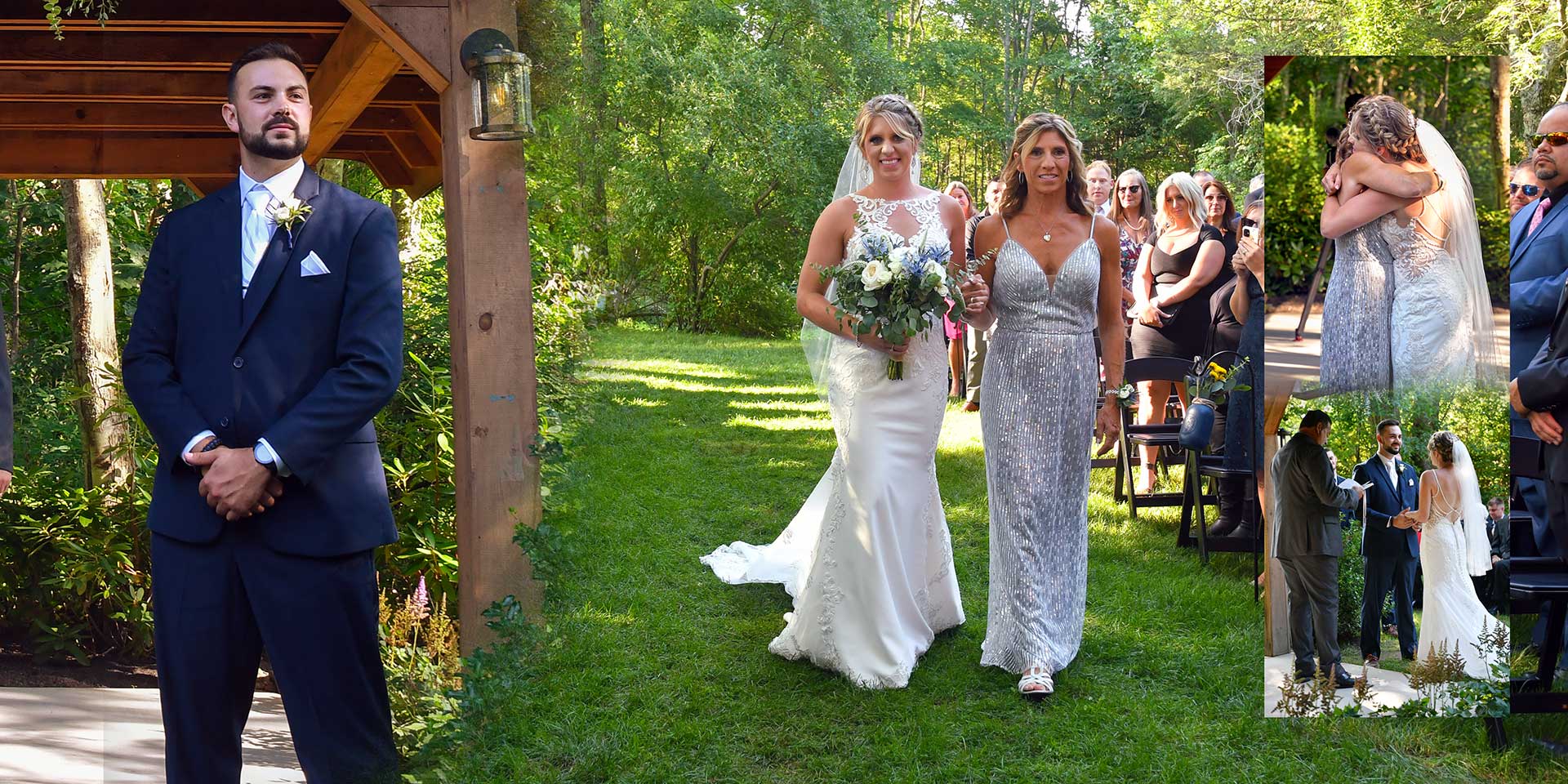Wedding guests walking outdoors toward a groom standing under a gazebo during a garden ceremony for wedding album page