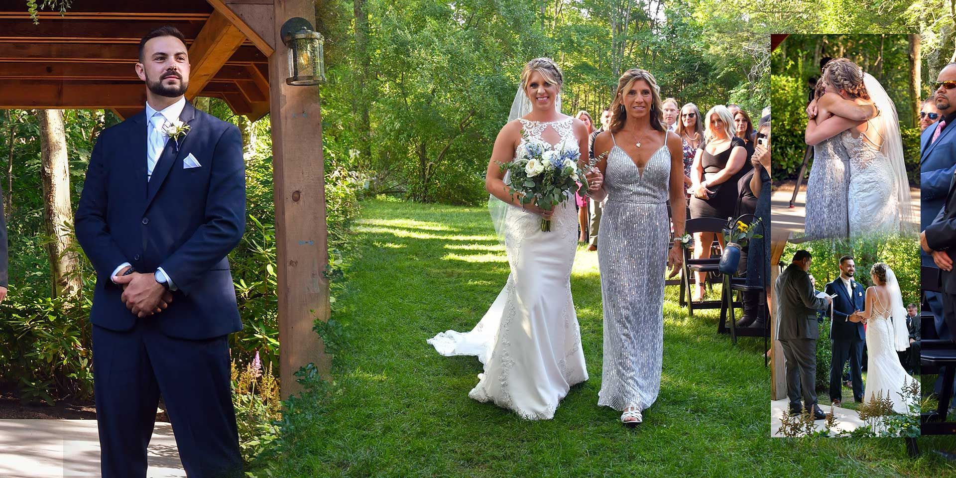 Wedding party walking outdoors, bride in white dress beside guests in formal attire under trees