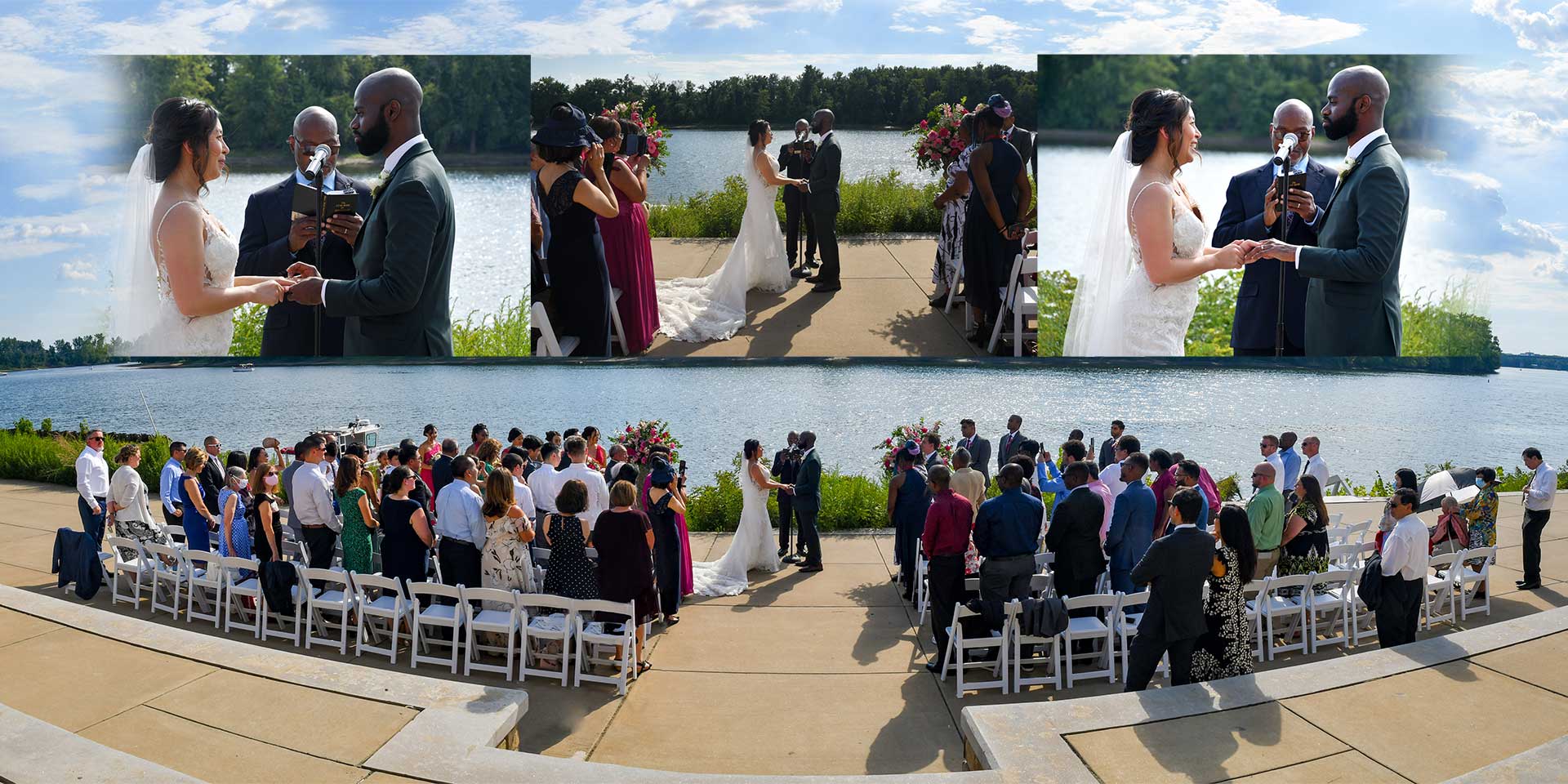 Outdoor wedding ceremony with bride and groom under a floral arch, guests seated in rows by the water