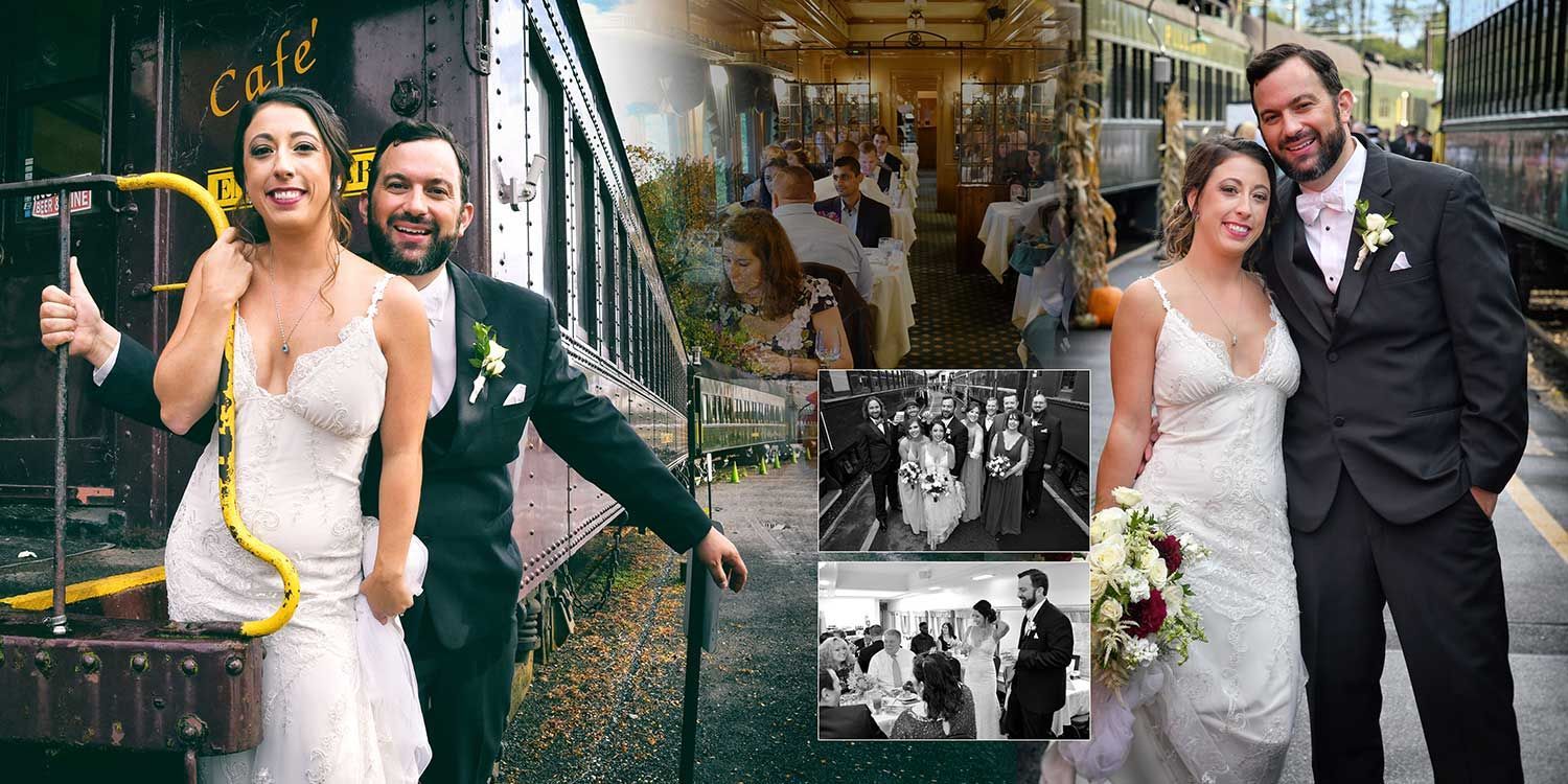 Wedding couple posing outdoors in formal attire, with a collage of black-and-white wedding photos beside them