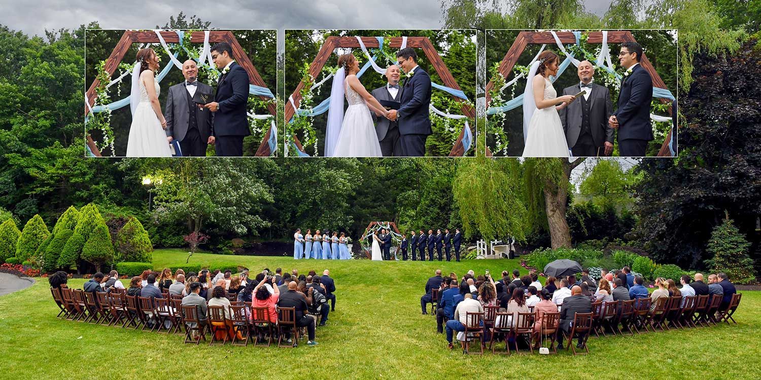 Wedding party celebration in a garden, with a bride and groom under an arch and guests seated at round tables.