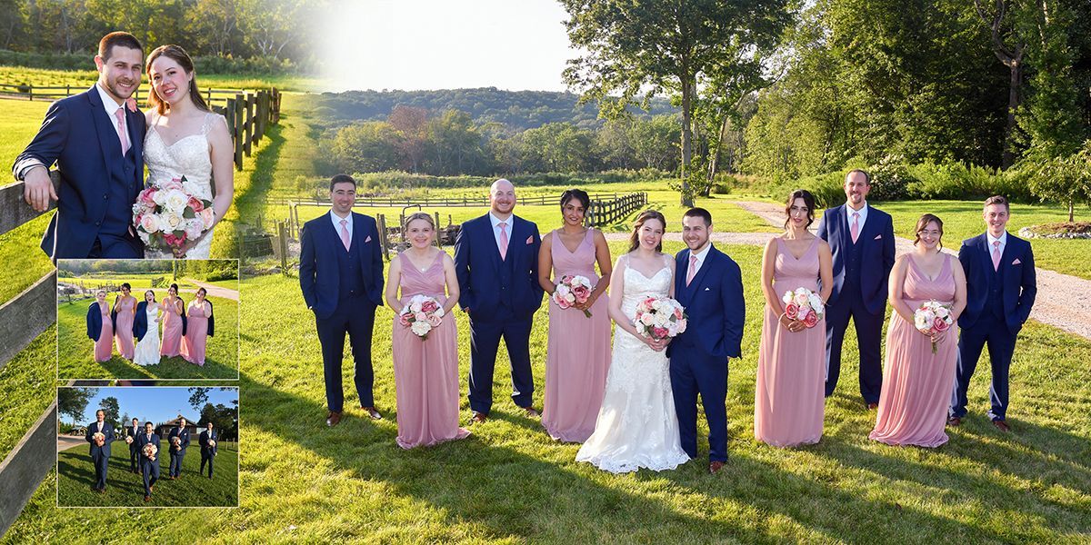 Wedding party posing outdoors by a lake, with bride, groom, and attendants in formal attire