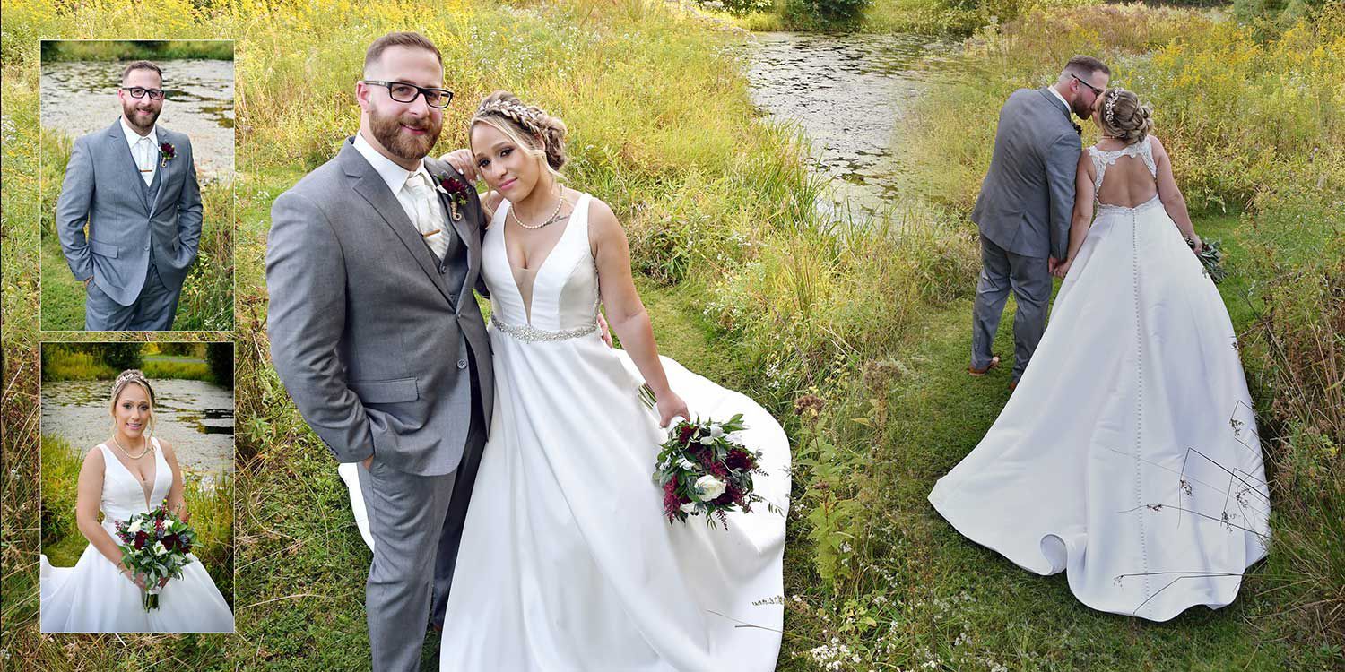 Bride and groom posing outdoors in wedding attire, with a collage of three romantic portraits.