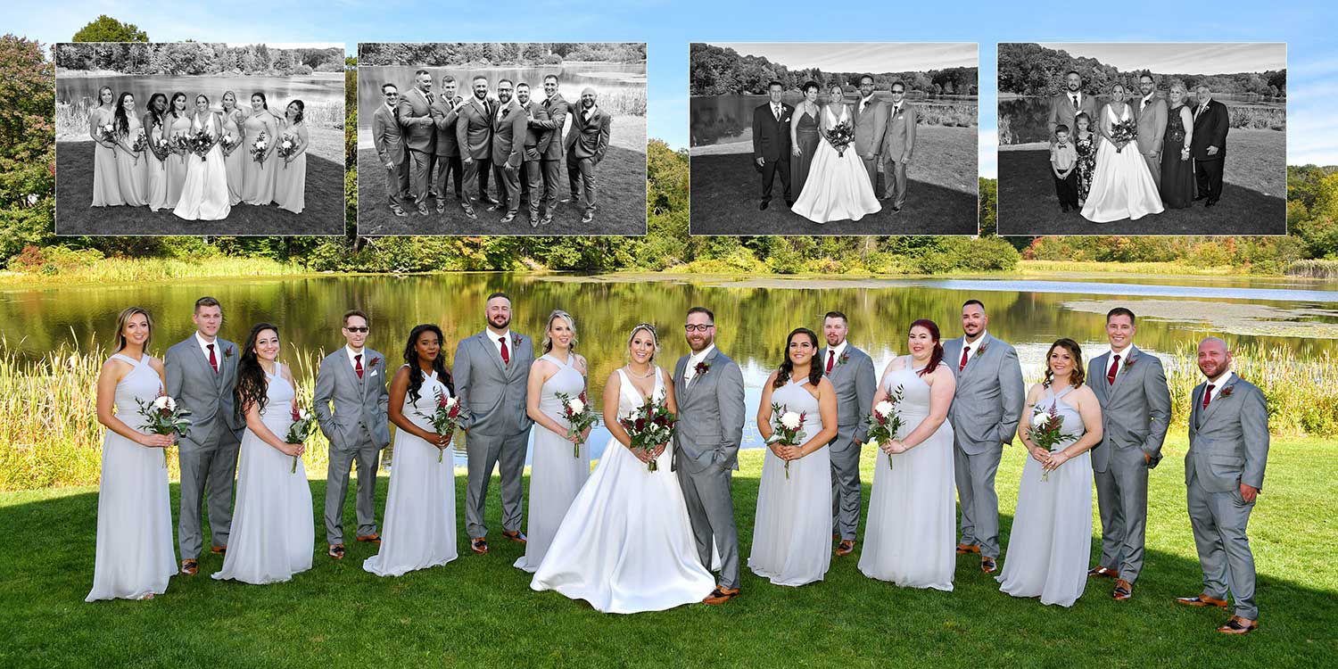Wedding party posing outdoors with color and black-and-white group photos in a grassy field