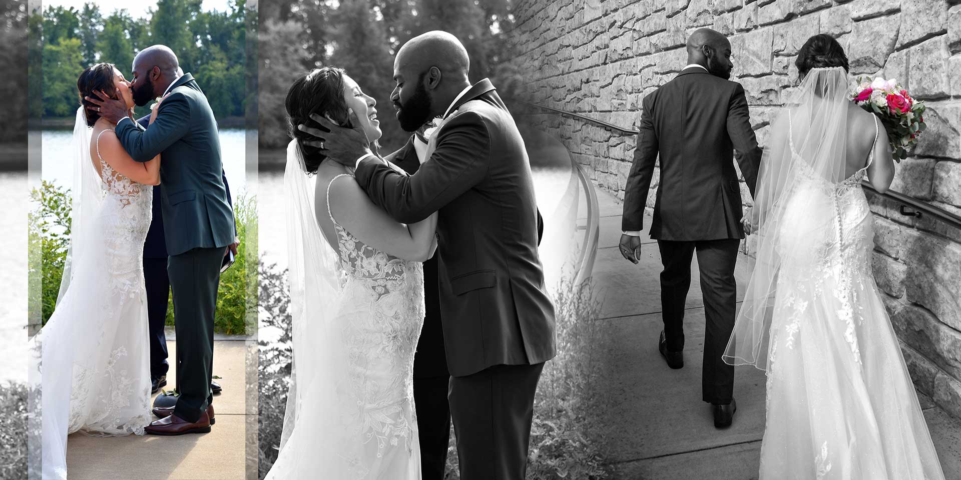 Bride and groom embracing outdoors by a brick wall, shown in color and black-and-white.