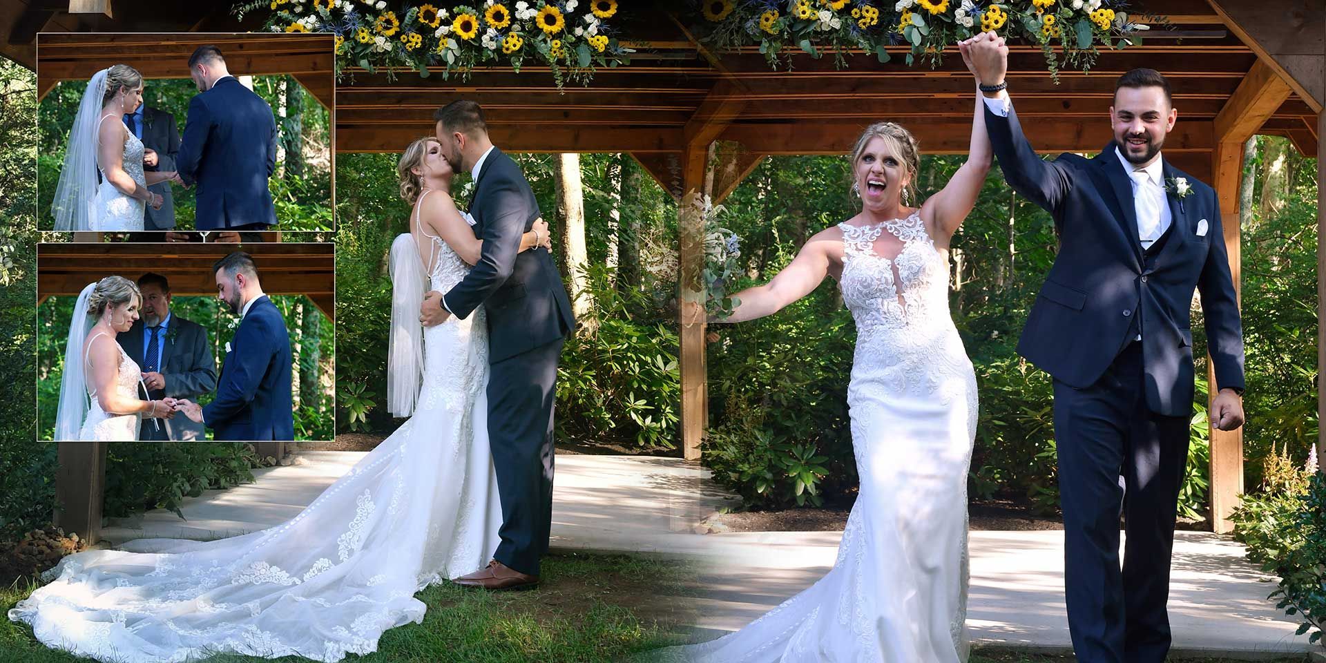 Bride and groom celebrate outdoors under a wooden arch, holding hands on their wedding day.