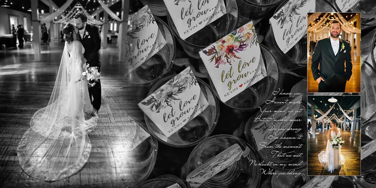 Bride and groom dancing at a decorated wedding reception, with colorful inset photos on the right.