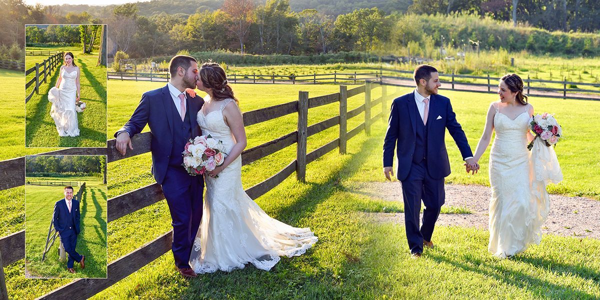 Two wedding couples kissing and walking along a sunlit fence in a grassy field