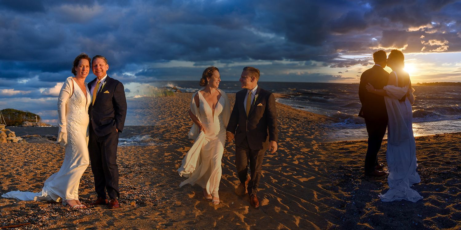 Four couples posing on a rocky beach at sunset, with waves and dramatic clouds behind them.