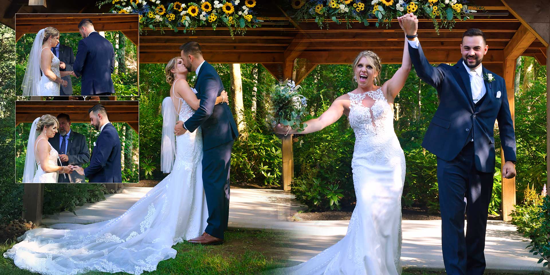 Bride and groom celebrate outdoors, holding hands and smiling under a wooden archway for wedding album page.