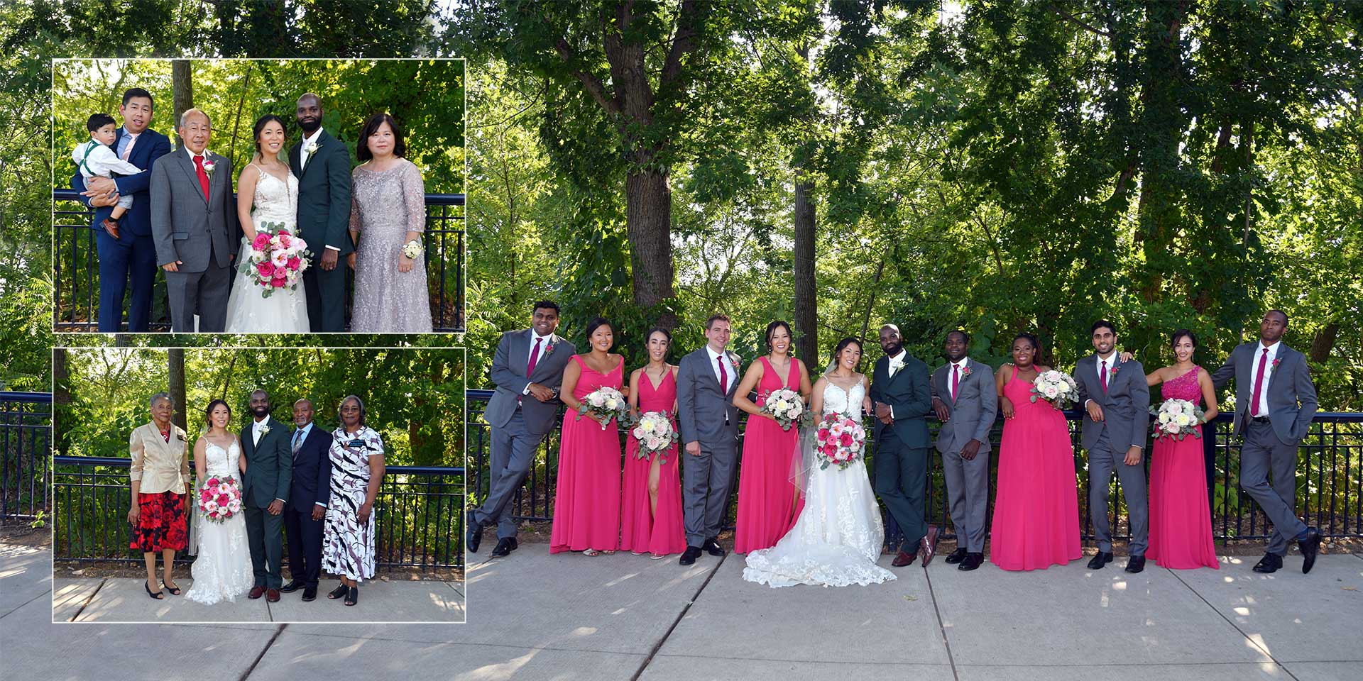 Three group wedding portraits outdoors under trees, with couples and guests in formal attire.
