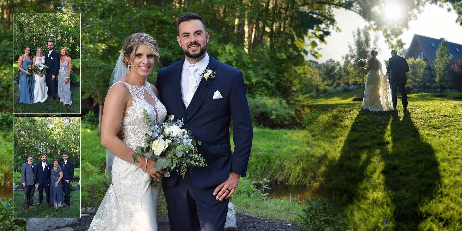 Bride and groom pose in a sunlit garden with their wedding party in the background