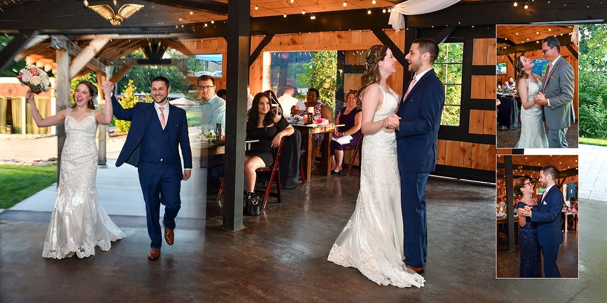 Wedding couple walking hand in hand into a rustic reception hall, guests applauding nearby