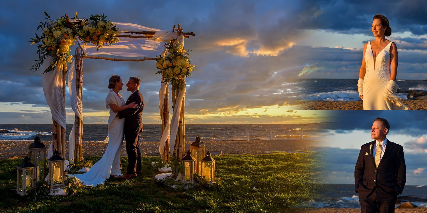 Wedding couple under floral arch at sunset by the ocean, with a groom in a suit inset at lower right