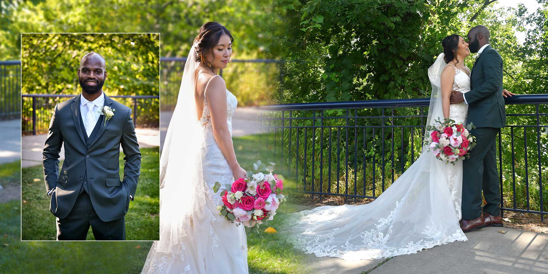 Wedding collage: groom in tuxedo and bride in white gown holding a pink bouquet by a railing outdoors