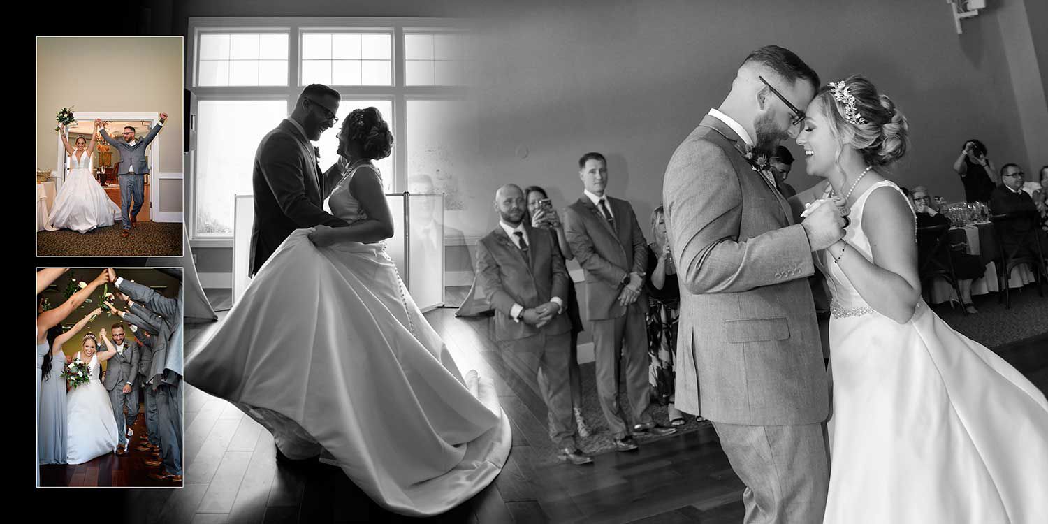 Black-and-white wedding couple dancing, with seated guests watching in the background