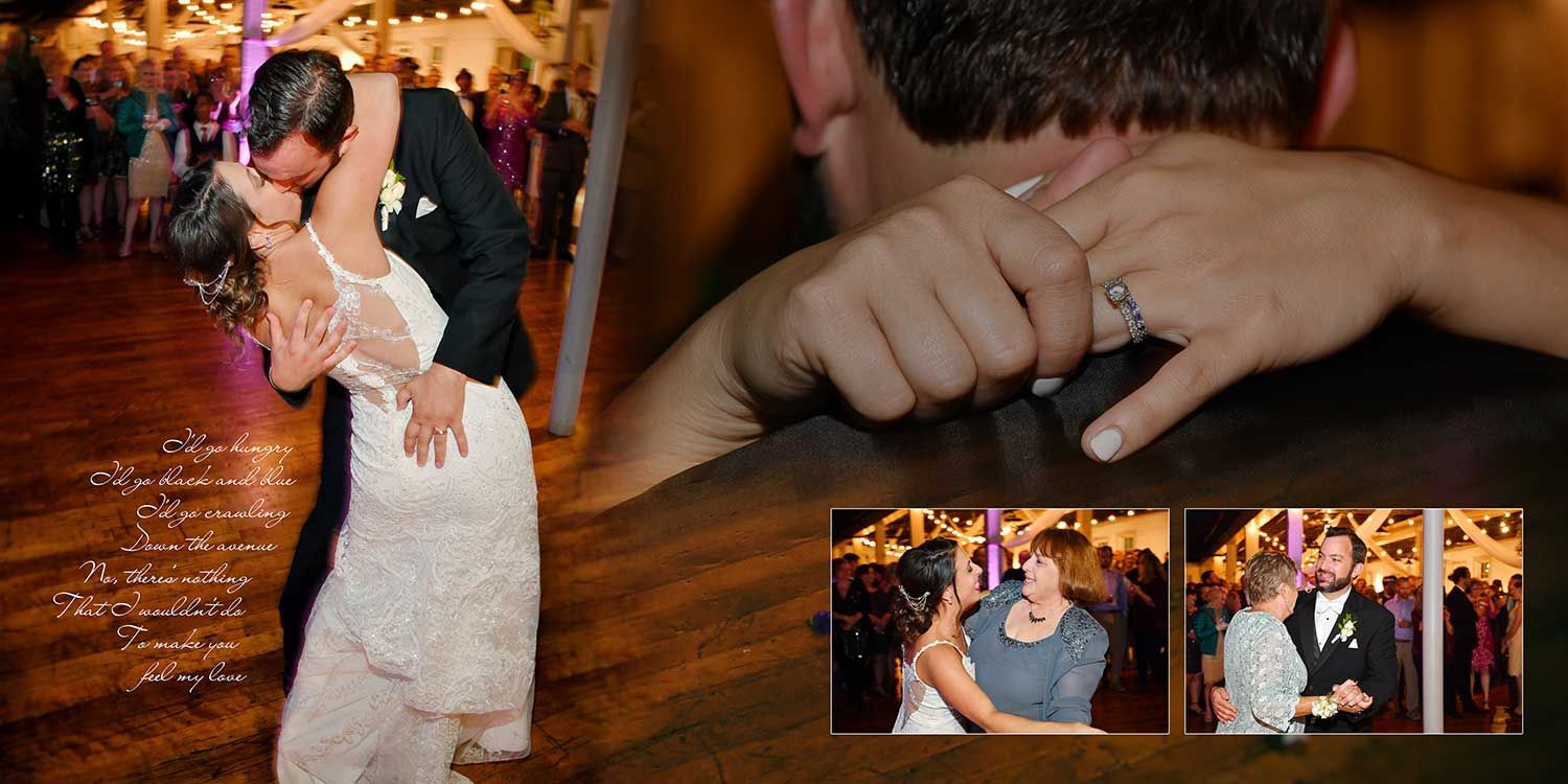 Bride and groom dancing, with close-up of hands showing wedding rings and guests in the background