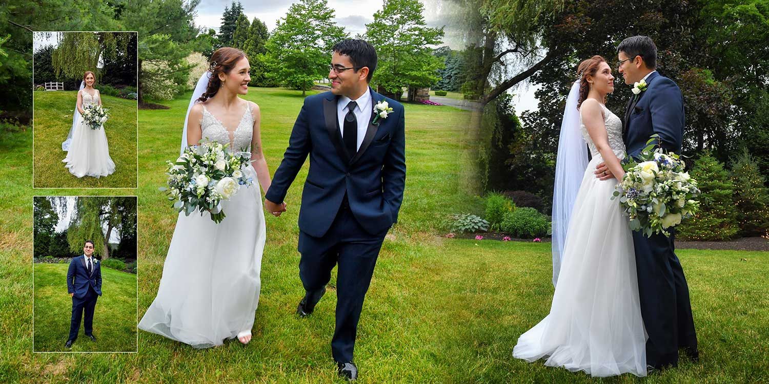 Bride and groom outdoors in a garden, walking hand in hand and facing each other in wedding attire