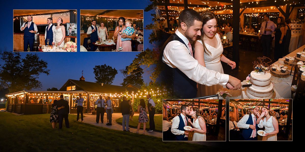 Wedding collage with cake cutting, couple portraits, and a lit outdoor reception tent at night