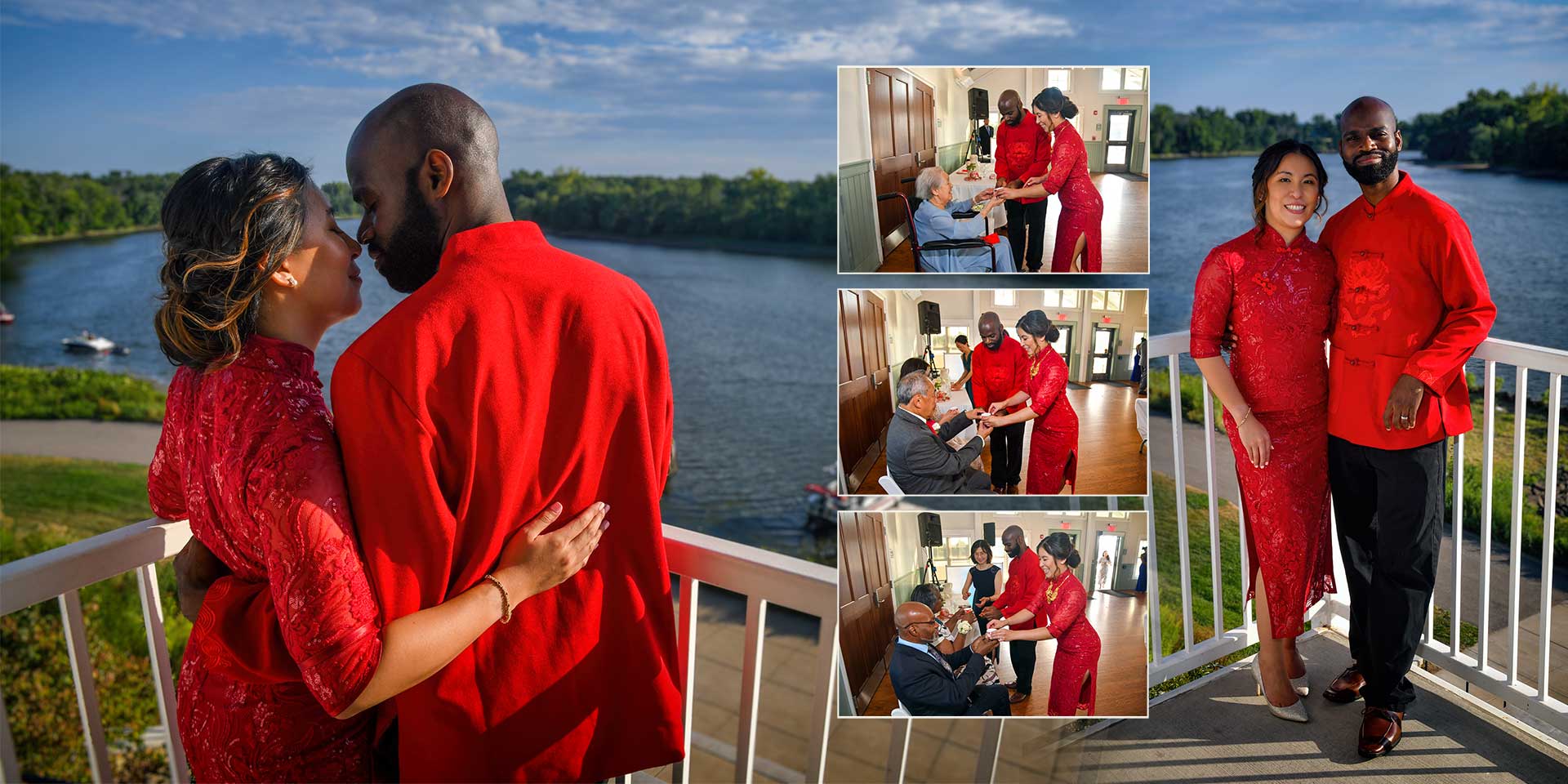Two people in red outfits embrace by a lakeside, with a collage of similar poses beside them.