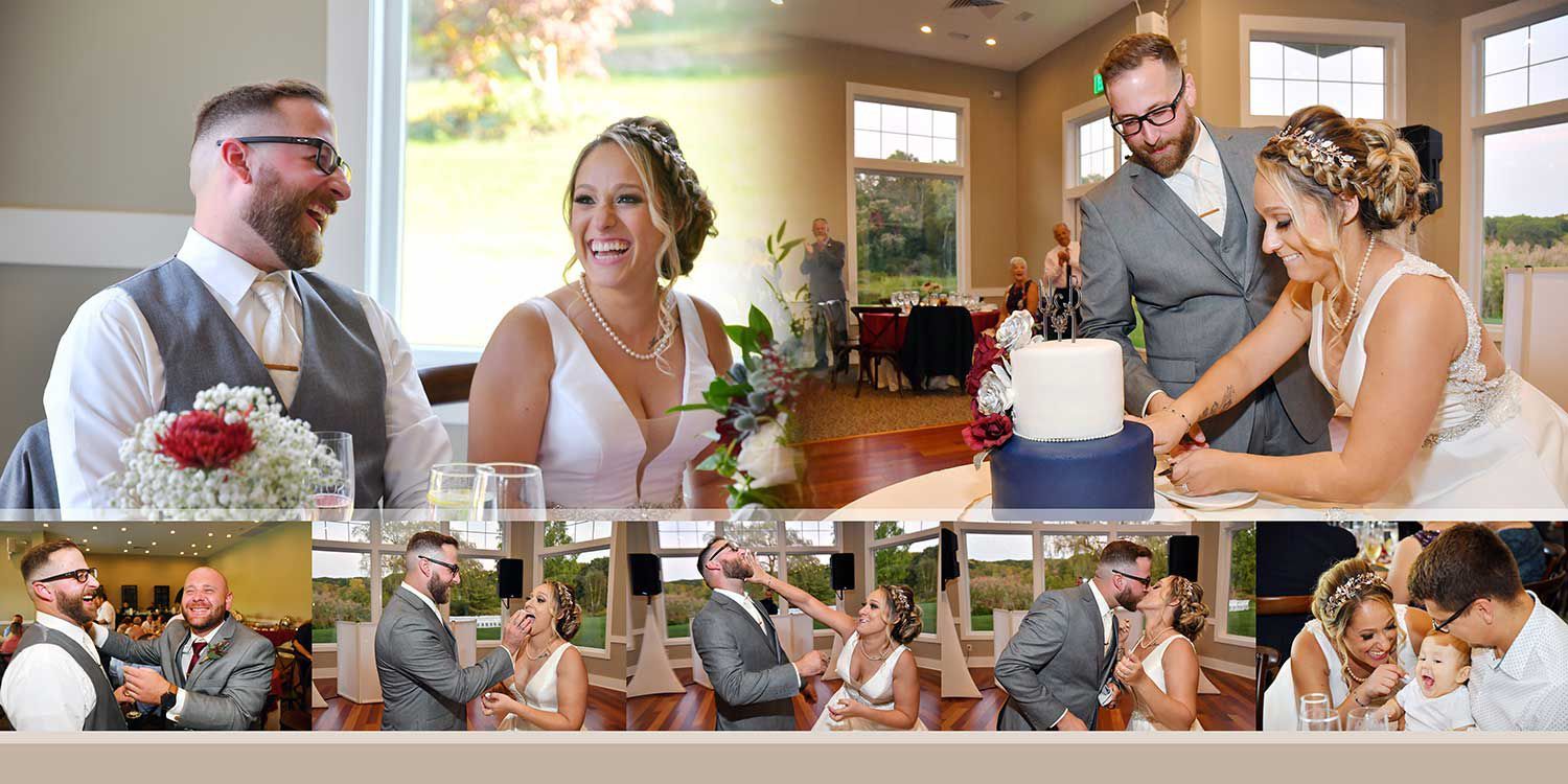 Wedding reception collage with bride and groom at a decorated table, smiling guests, and banquet hall scenes