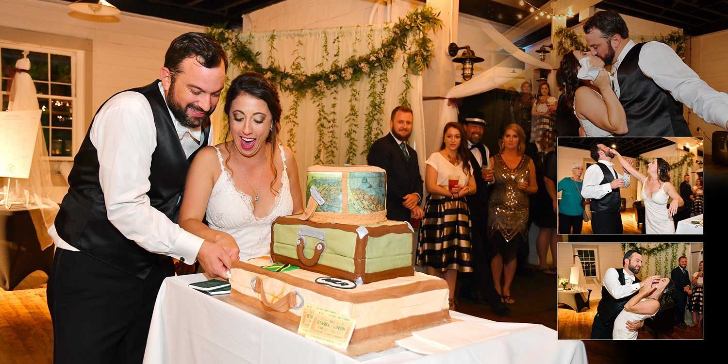 Bride and groom cut a tiered wedding cake at a reception, with guests watching nearby.