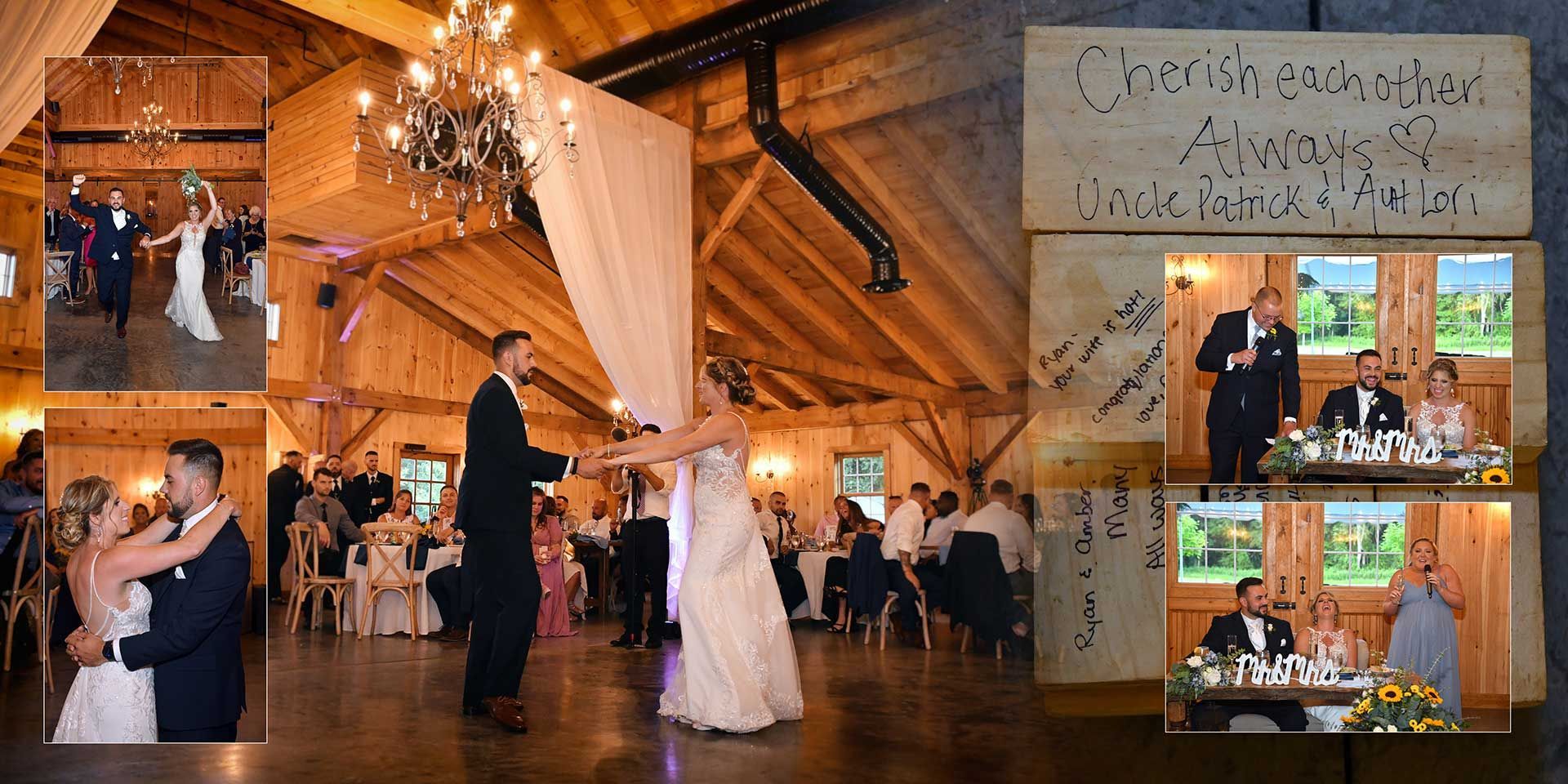 Wedding couple dancing in a rustic barn with guests watching under warm string lights