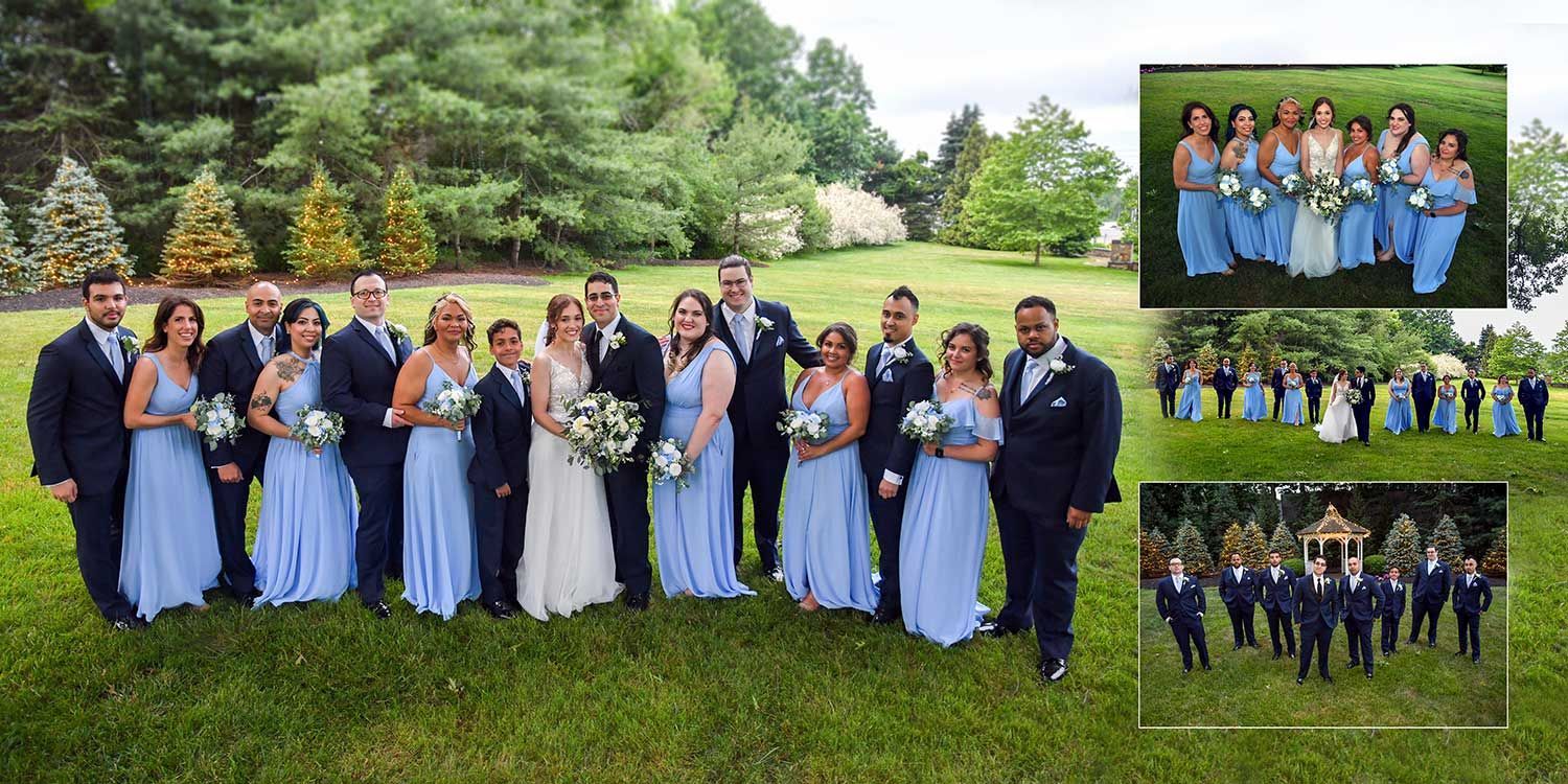 Wedding party posing outdoors in blue dresses and dark suits, with inset group photos on the right