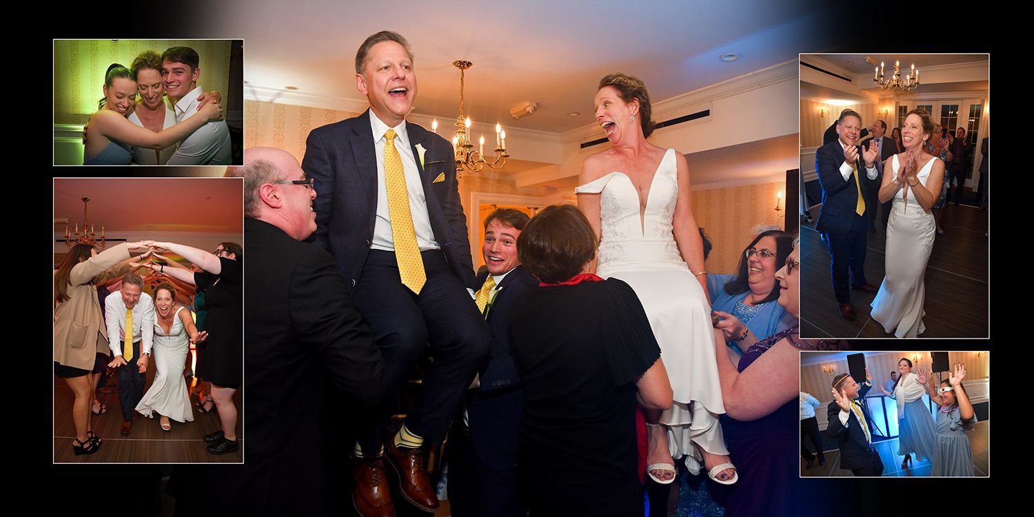Wedding reception collage with bride and groom dancing, guests cheering, and cake-cutting moments.