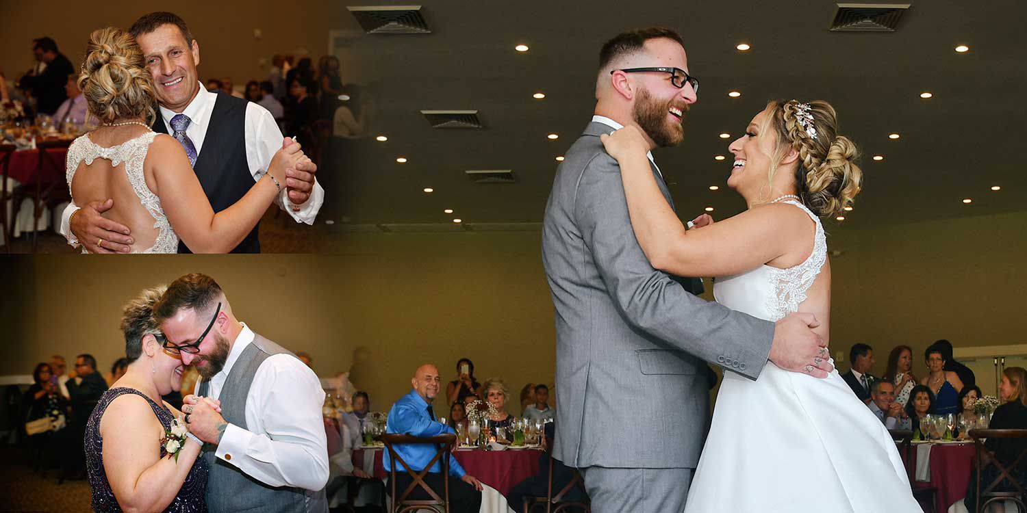 Two wedding couples slow dancing at a reception, one in gray suit and white dress, indoors.