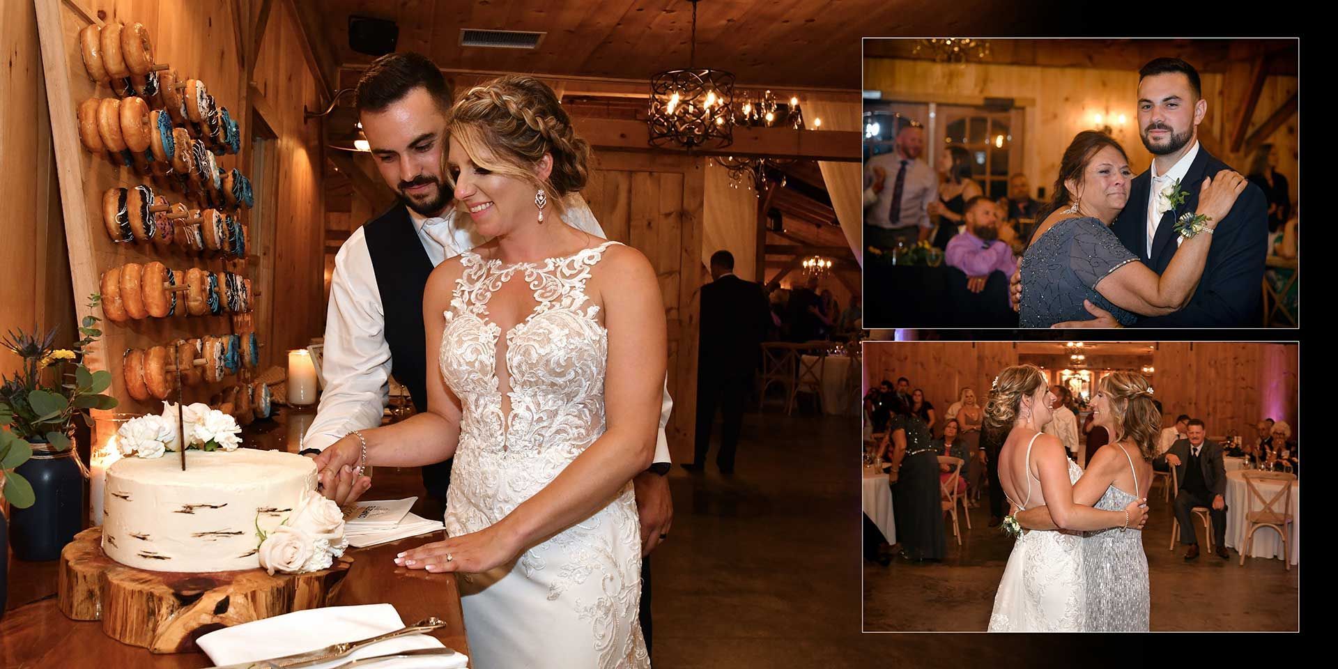 Bride and groom cut a wedding cake at a reception, with candid celebration photos inset on the right.