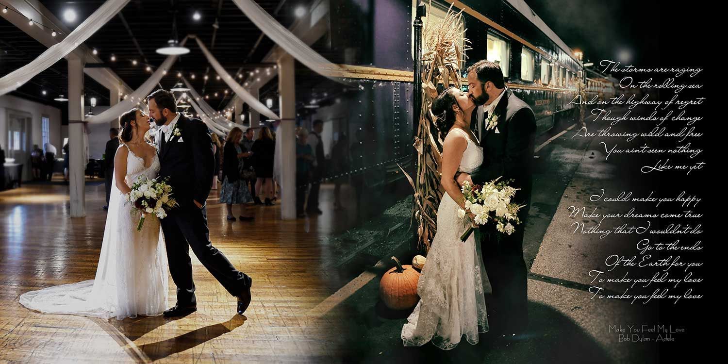 Wedding couple dancing in a decorated hall, with a black-and-white photo on the right.