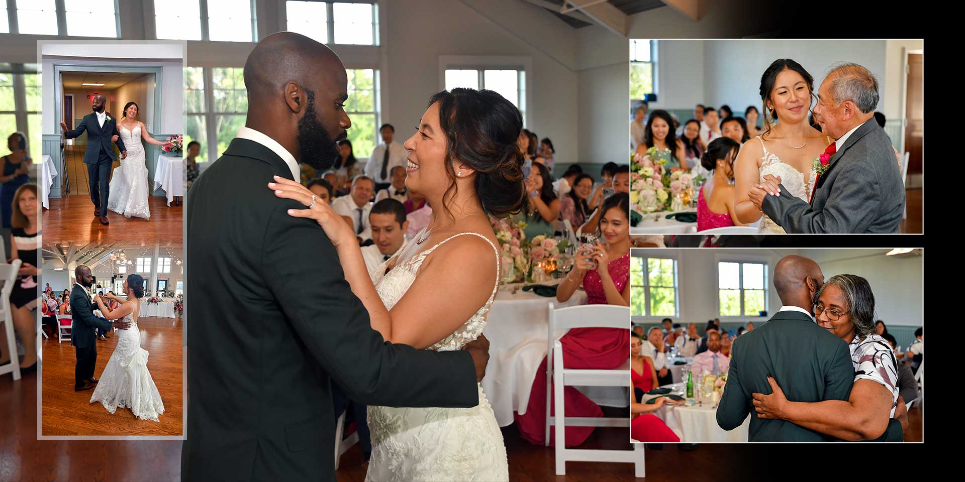Bride and groom dancing at a wedding reception while guests watch and applaud