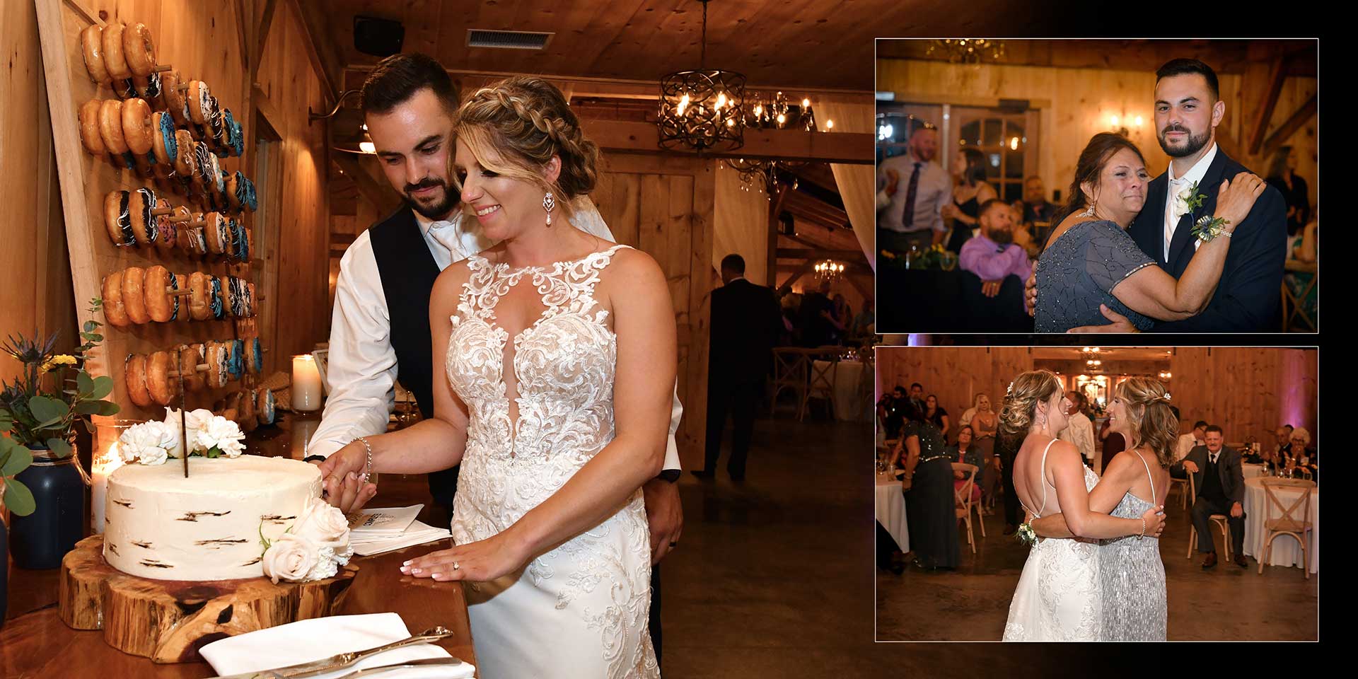 Bride and groom cutting a wedding cake in a warmly lit reception hall, with inset photos of them dancing and embracing