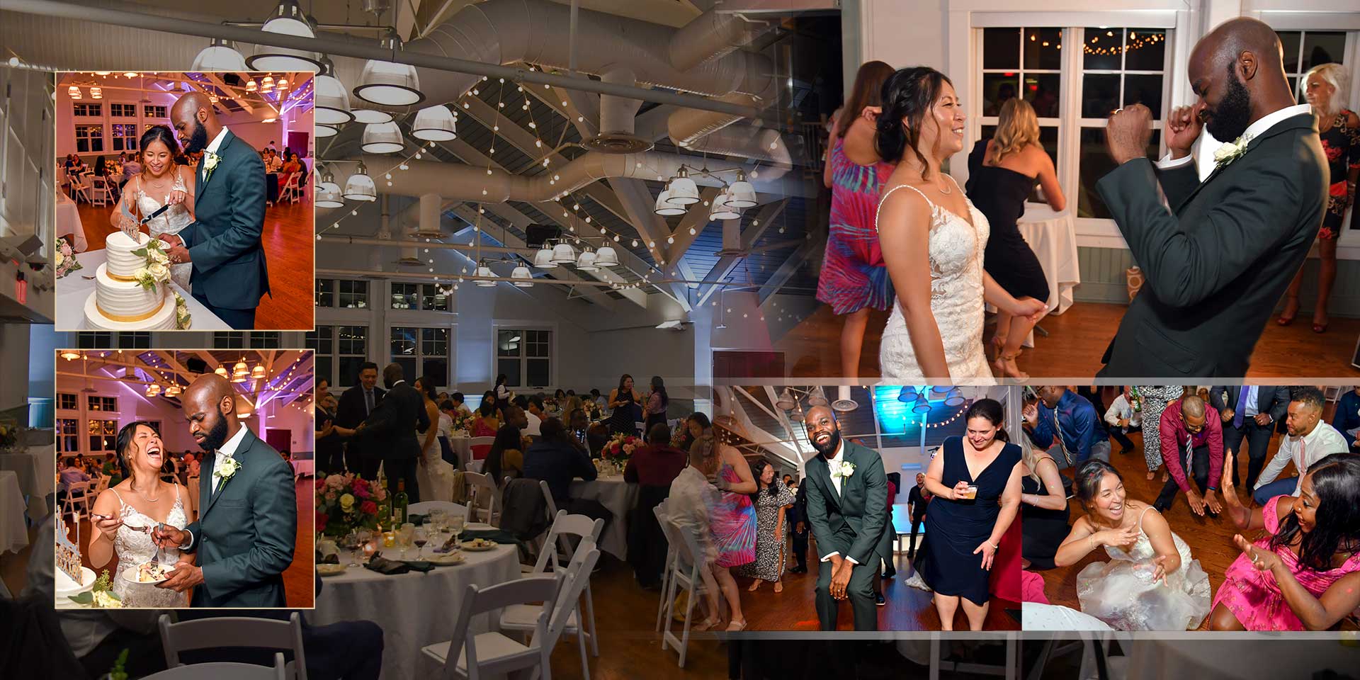 Bride & Groom dancing at a lively indoor party with colorful lights and tables in the background