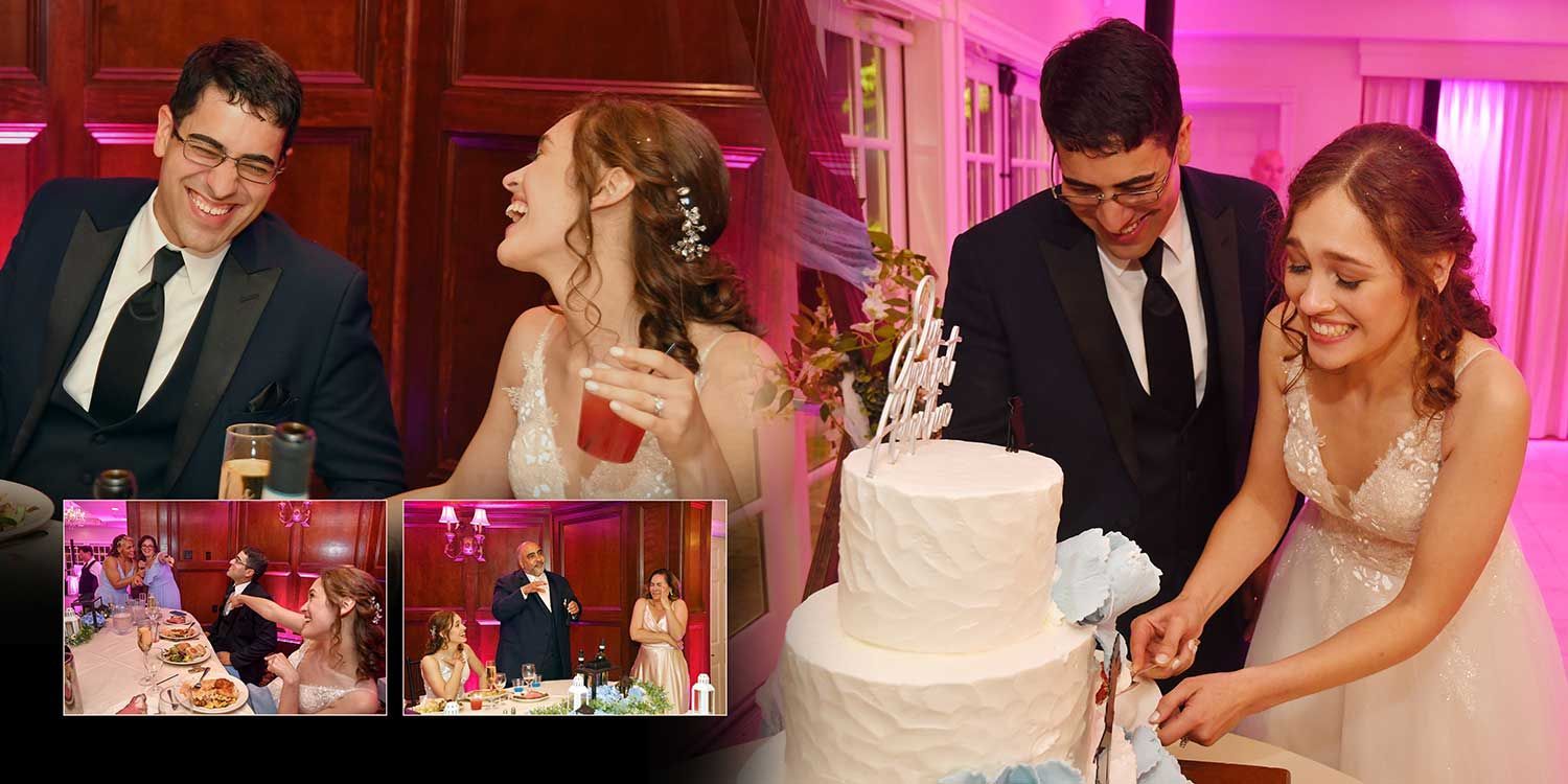 Wedding couple smiling by a white cake as the bride cuts it; small reception photos inset below.