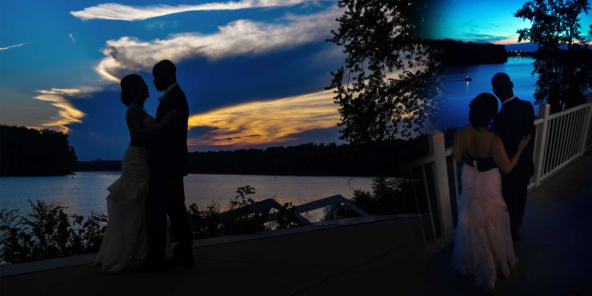 Silhouetted couple dancing by a lakeside at sunset with warm sky reflections and wedding guests nearby