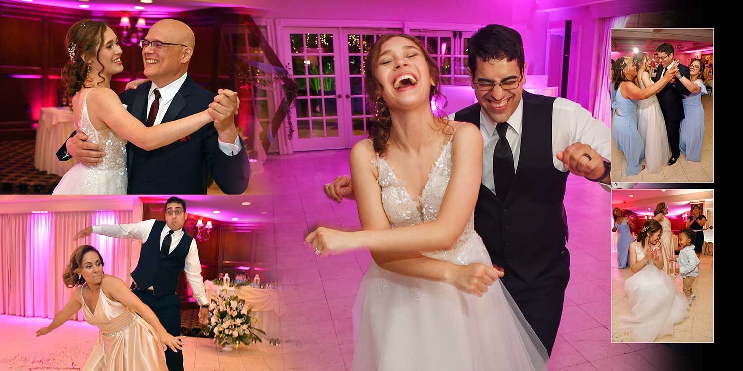 Wedding reception collage with bride and groom dancing, laughing, and posing under pink-purple lights